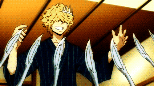 Y/N snapped her fingers as throwing knives began to materialise in a circle around her and sent the knives flying at Katsuki