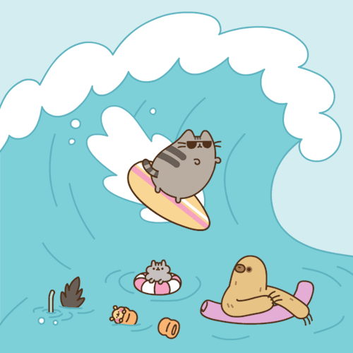 PUSHEEN CAT POSTCARD ~ PUSHEEN & STORMY FLOATING DOWN A RIVER IN A BOAT ~ NEW 