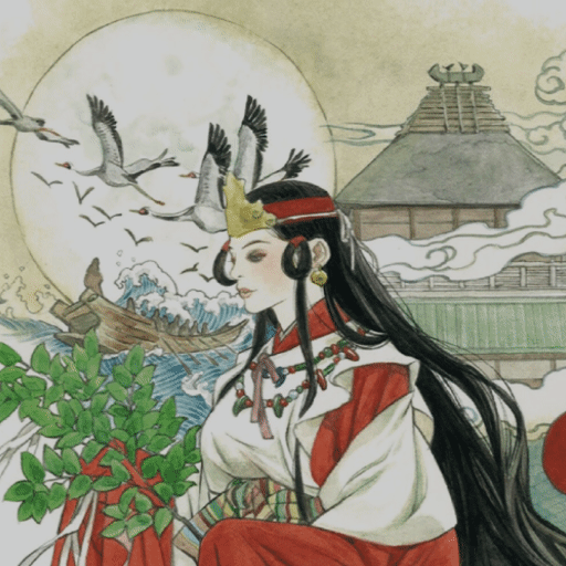 A portrait of the Shaman Queen of Wa, HImiko, in a shrine maiden's outfit. The outfit is red with a white top over it. She has an ornate gold piece on her head kept together by a red band of some kind. She seems to be holding a branch of a tree while in the background the sun is high in the air with birds flying and boats in the roaring sees on her left and a house to her right with mystical clouds around the house. Lastly, in front of this beautiful portrait is a white box with white lettering that appears and disappears every couple of seconds saying, "Shaman Queen of Wa".