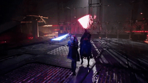 GIF of Cal and an inquisitor acrobatically lightsaber dueling